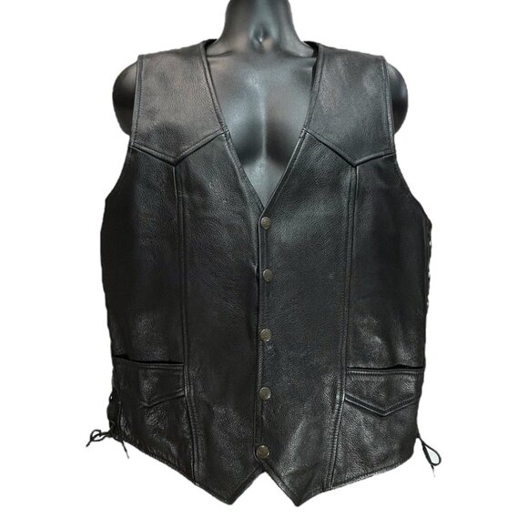 CLASSIC LEATHER Black Vest Men 46/XL-XXL Button VNeck Side Laces Western Cowboy - Picture 1 of 12